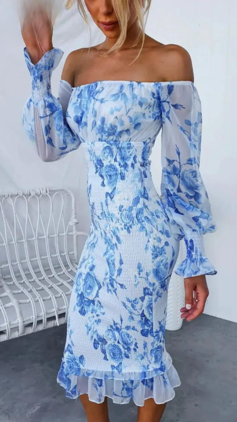 Robe Été Courte à Épaules Découvertes imprimée Fleurs Rose