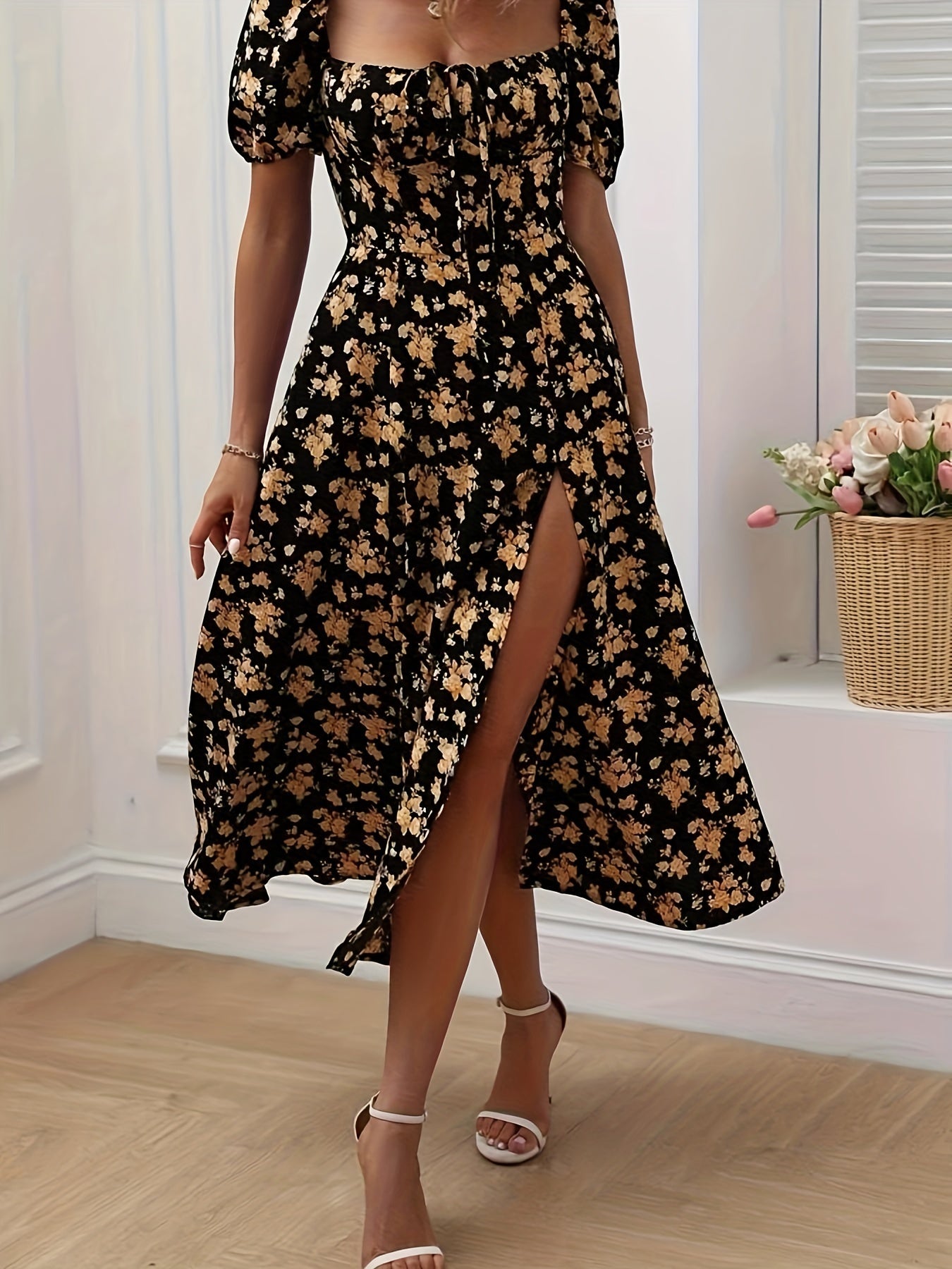 Valflora™ – Robe Longue Bohème Chic à Fleurs avec Fente Élégante