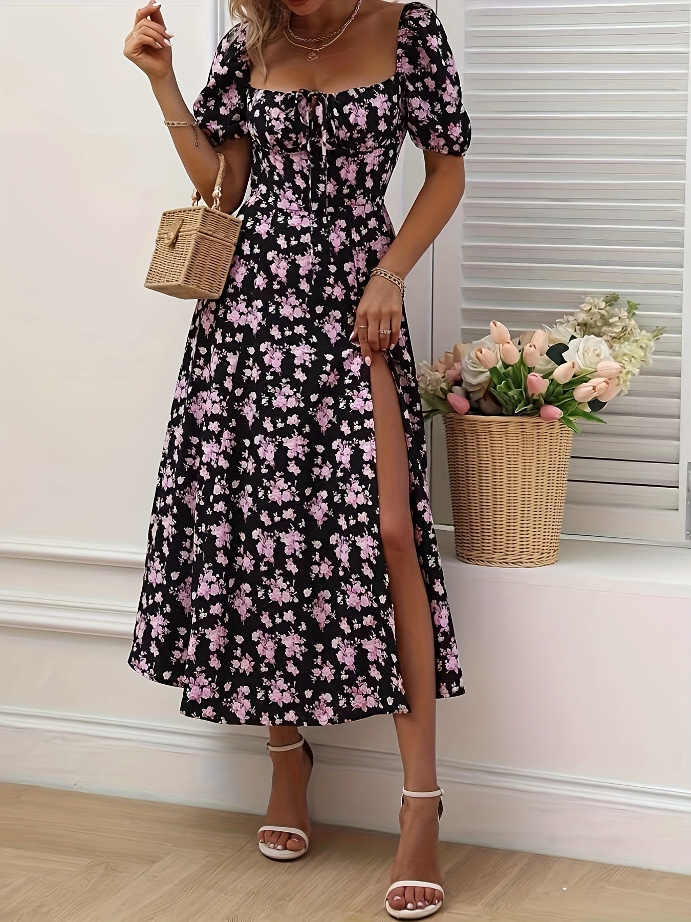 Valflora™ – Robe Longue Bohème Chic à Fleurs avec Fente Élégante
