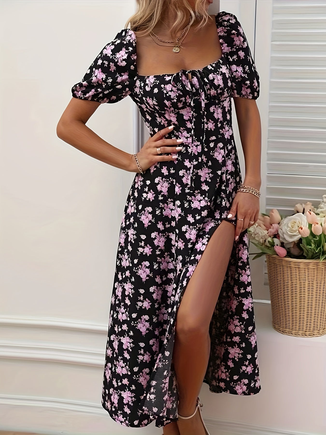Valflora™ – Robe Longue Bohème Chic à Fleurs avec Fente Élégante