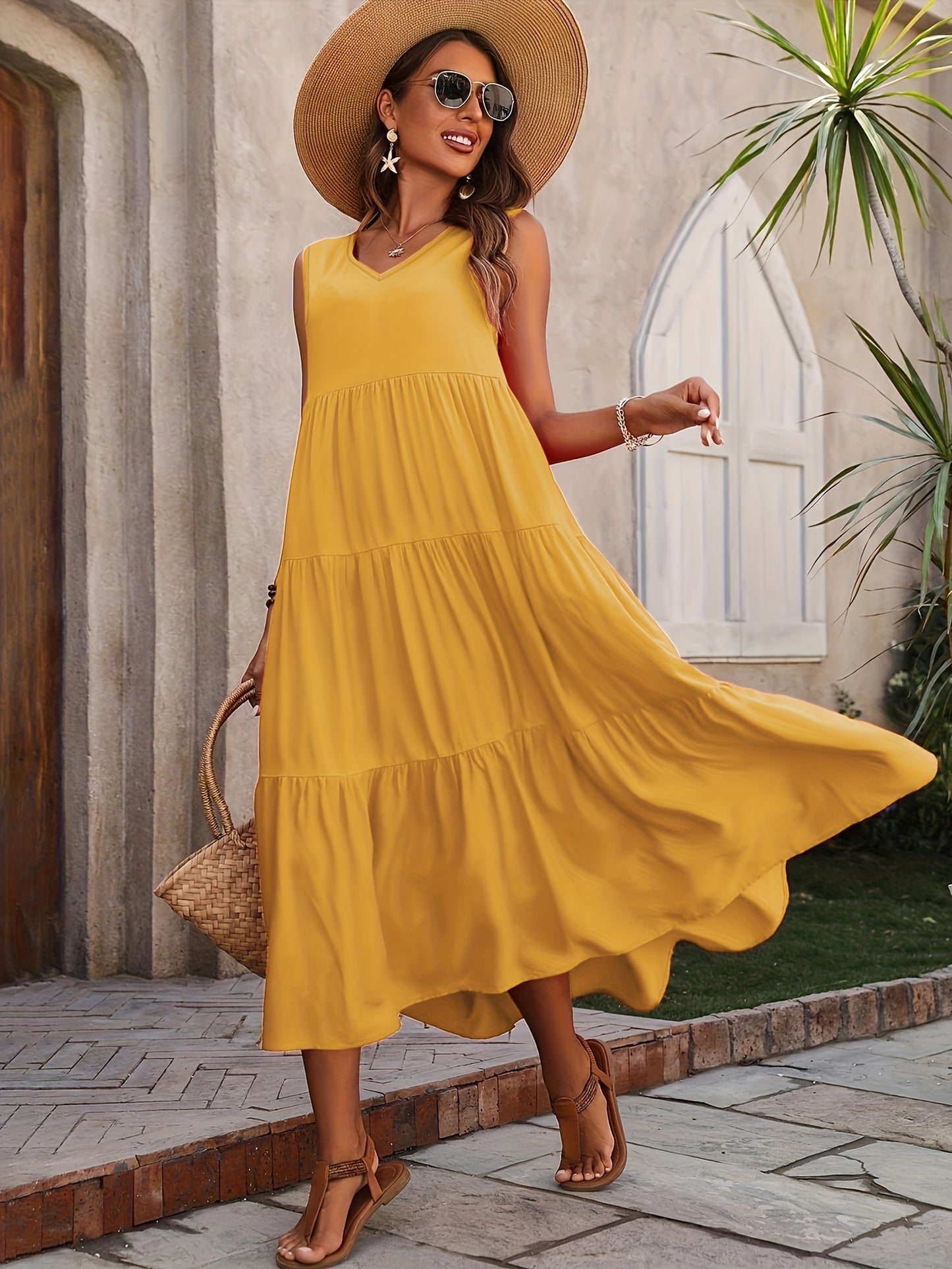 Vellaria™ – Robe Longue d’Été Sans Manche Fluide à Volants pour Femme
