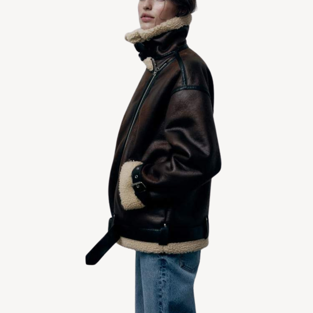 Veste aviateur marron en fausse fourrure pour femme 4