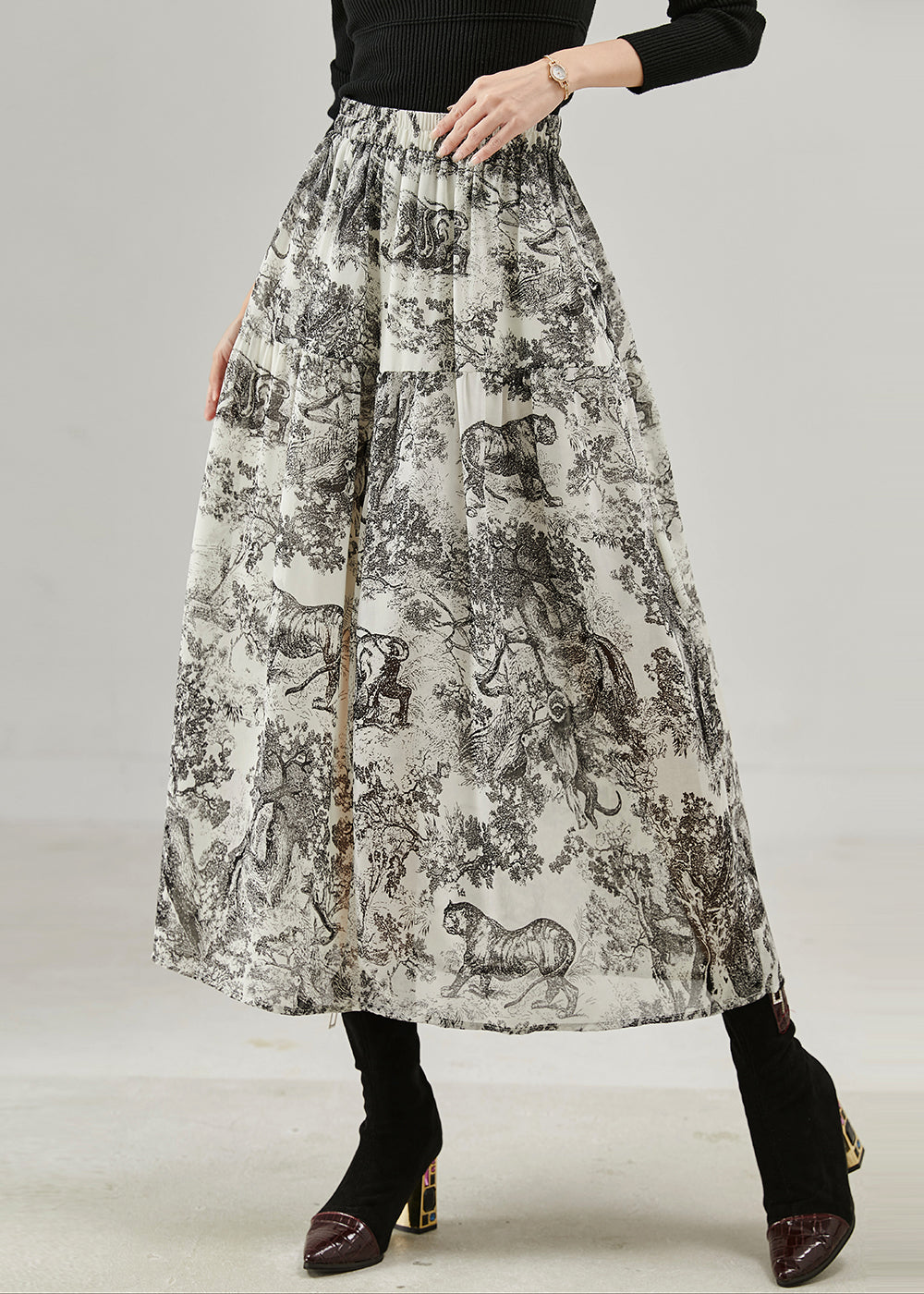 Jupe trapèze en coton imprimé noir tendance été - EasyApparels
