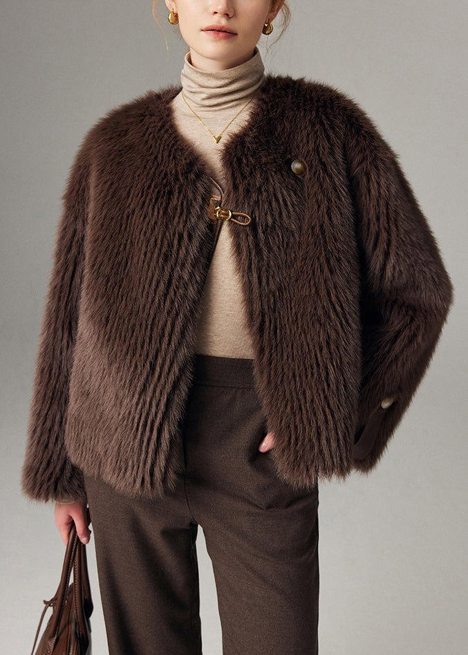 Manteau hiver cuir épais, col rond, brun, fermé par boutons - EasyApparels