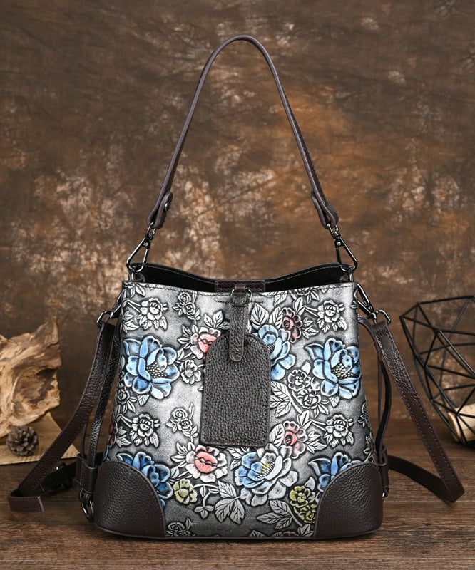 Vintage Leather Messenger Bag Silver Embossed - EasyApparels