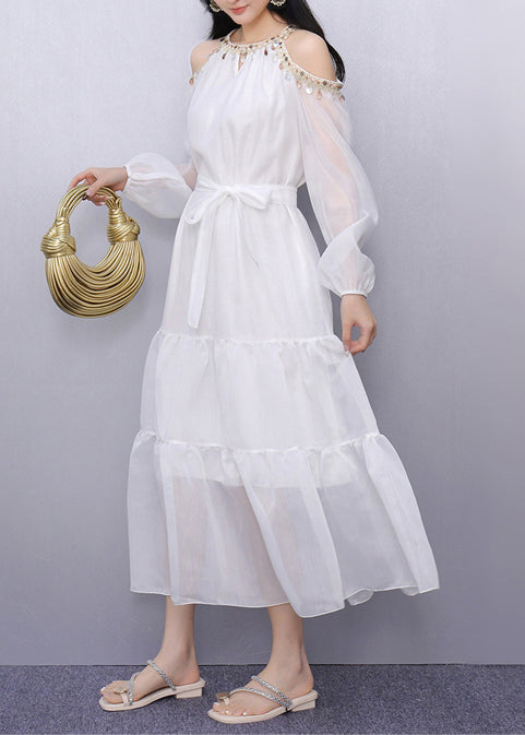 Robe d'été blanche élégante à paillettes et épaules découvertes - EasyApparels