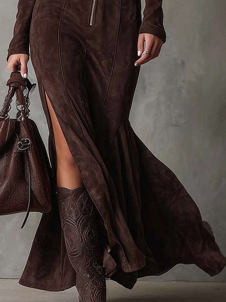 Robe Femme Élégante Longue avec Ceinture et Fente Haut