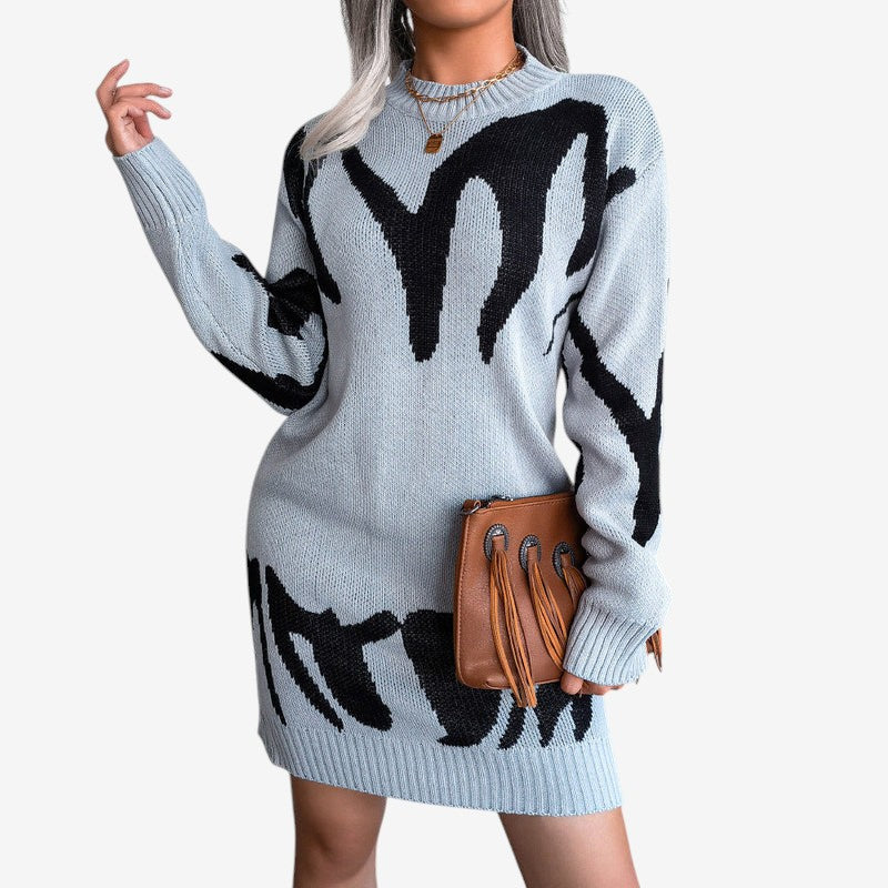 Robe décontractée col rond à manches longues → Robe femme décontractée manches longues confortable