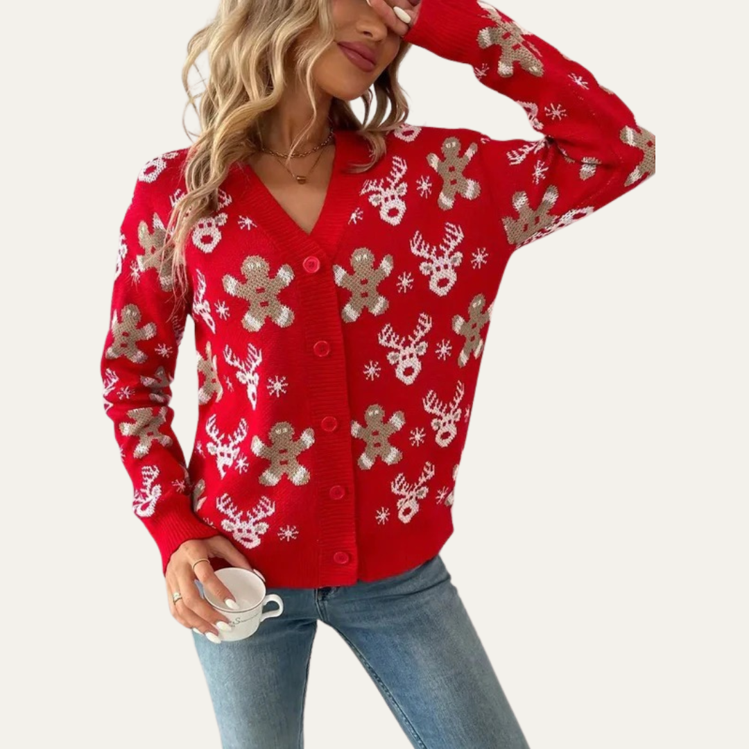 VogeLuxe | Gilet boutonné en maille à motif pain d'épice pour femme 8