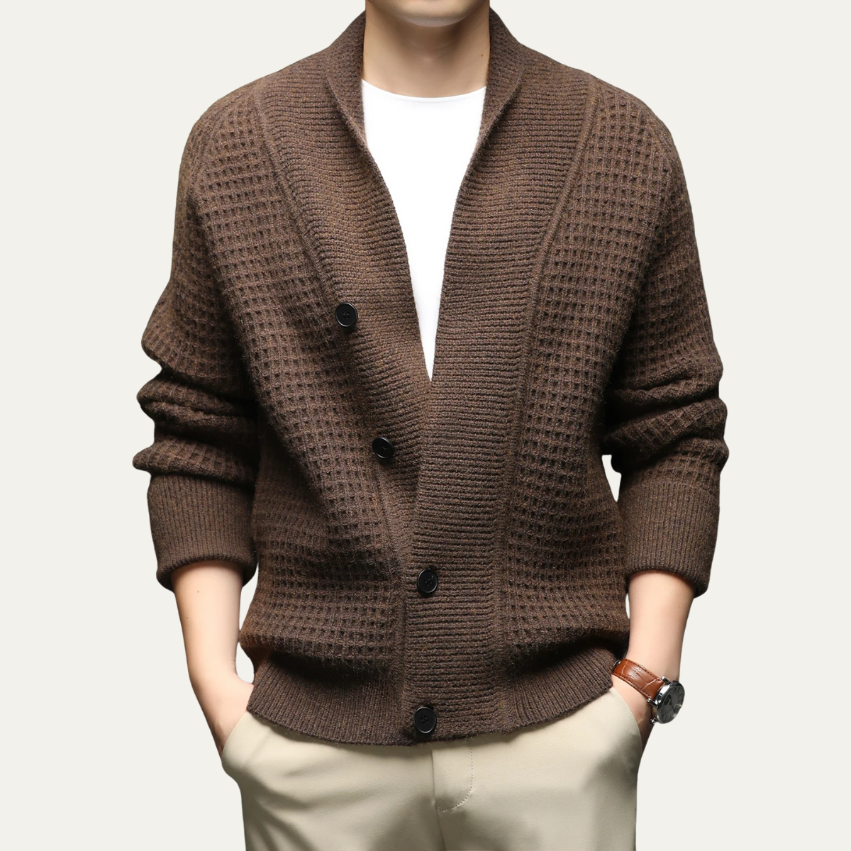 VogeLuxe | Gilet cardigan homme à col châle en maille texturée 5