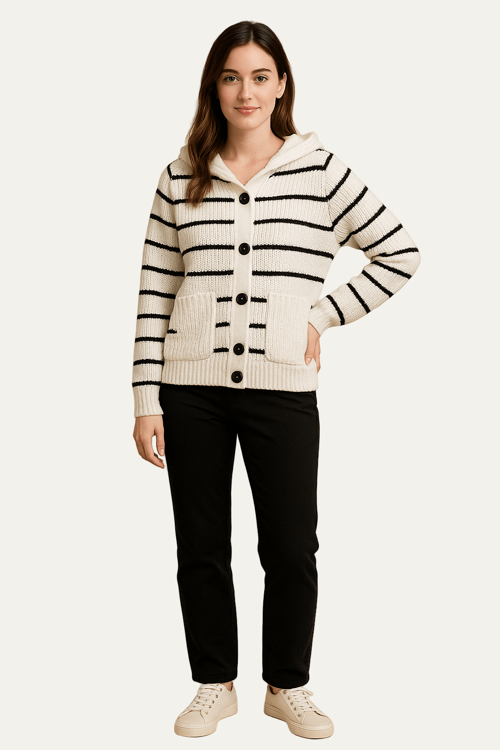 VogeLuxe | Gilet cardigan rayé à capuche pour femme 1