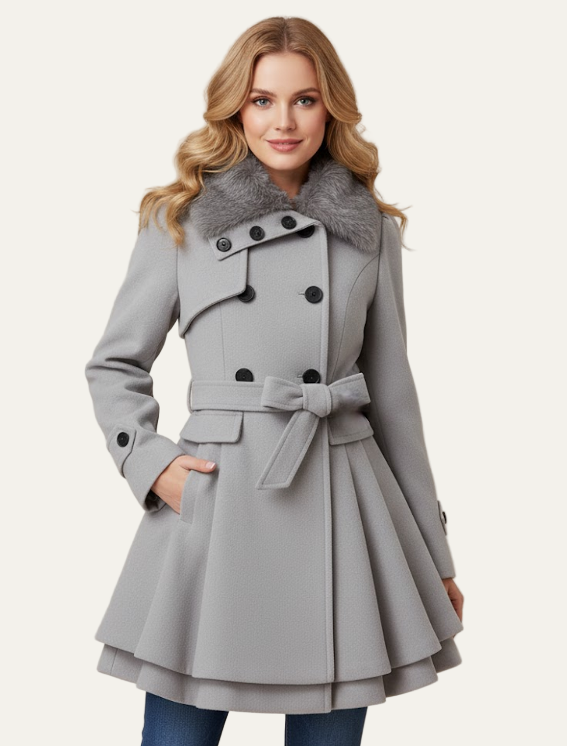 Manteau femme évasé à col en fausse fourrure épaisse
