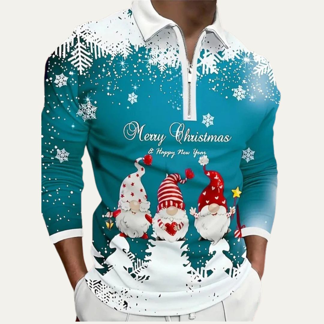 VogeLuxe | Polo de Noël festif pour homme, motif gnome, fermeture éclair 1/4 8