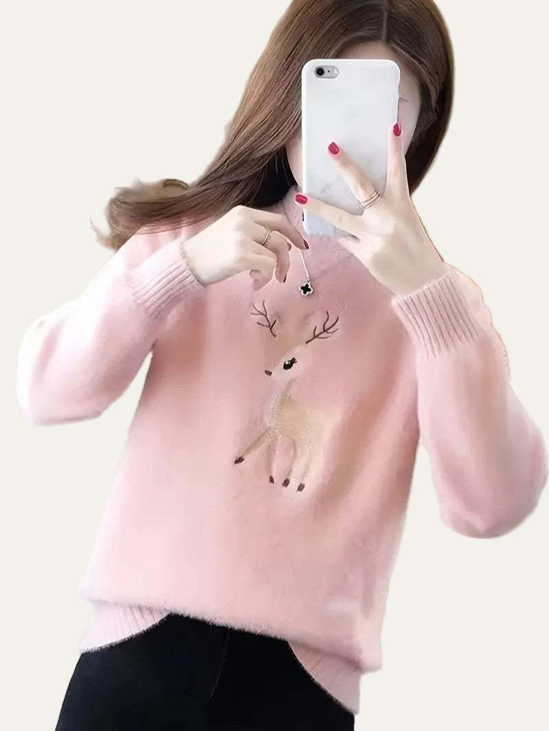 Pull femme col roulé brodé cerf hiver chaud