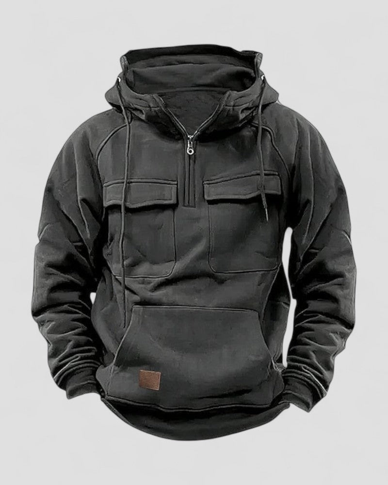 VogeLuxe | Sweat à capuche demi-zip premium en mélange de coton pour homme, avec poches utilitaires 3