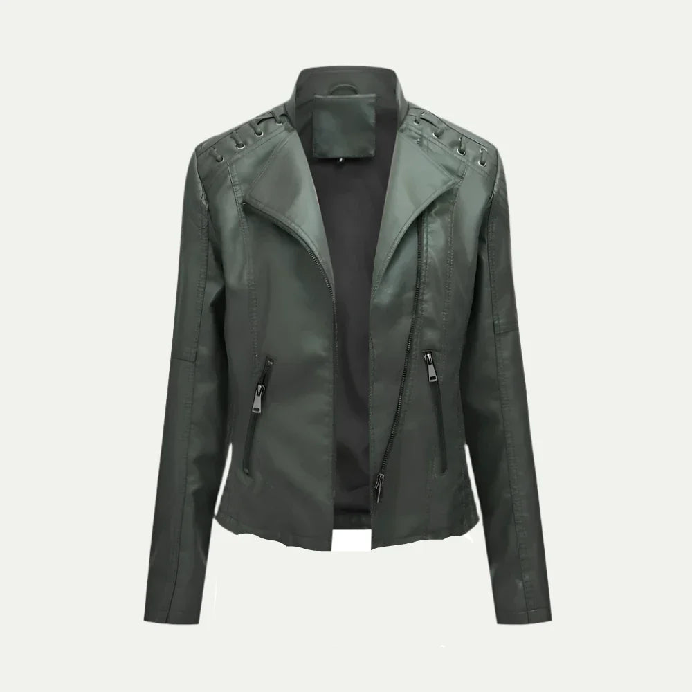 Veste moto femme cuir synthétique tendance asymétrique