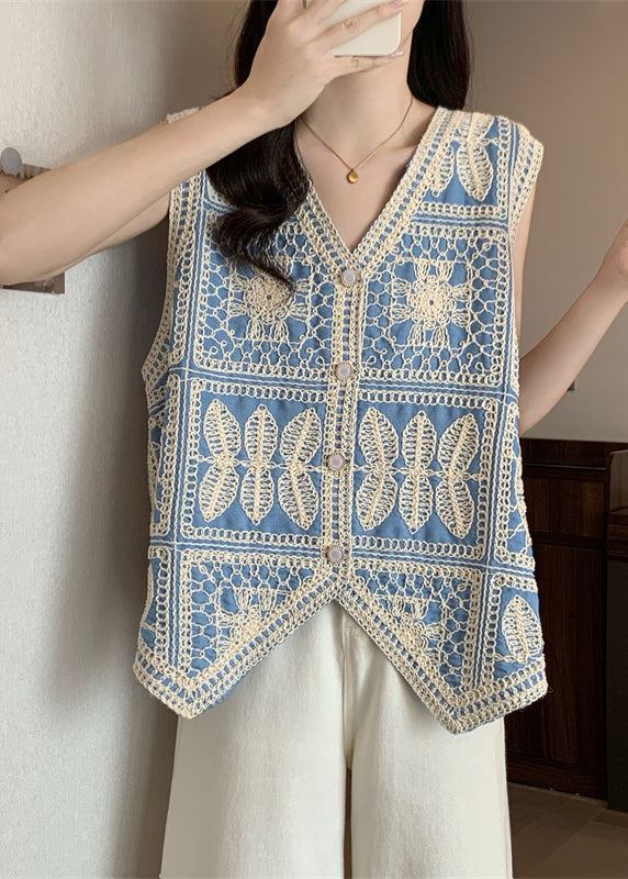 Bleu Dentelle sans Manches Gilet à Col en V Chic - EasyApparels