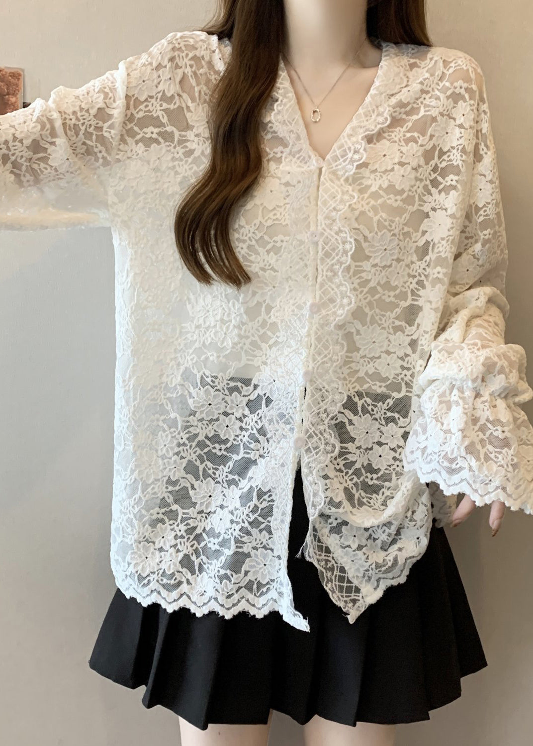 Femme Dentelle V Neck Lace Trim Blouse - EasyApparels