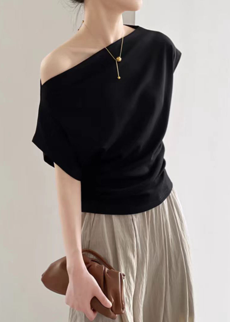 Femme Noir Décontracté T-shirt Col Bateau en Coton - EasyApparels
