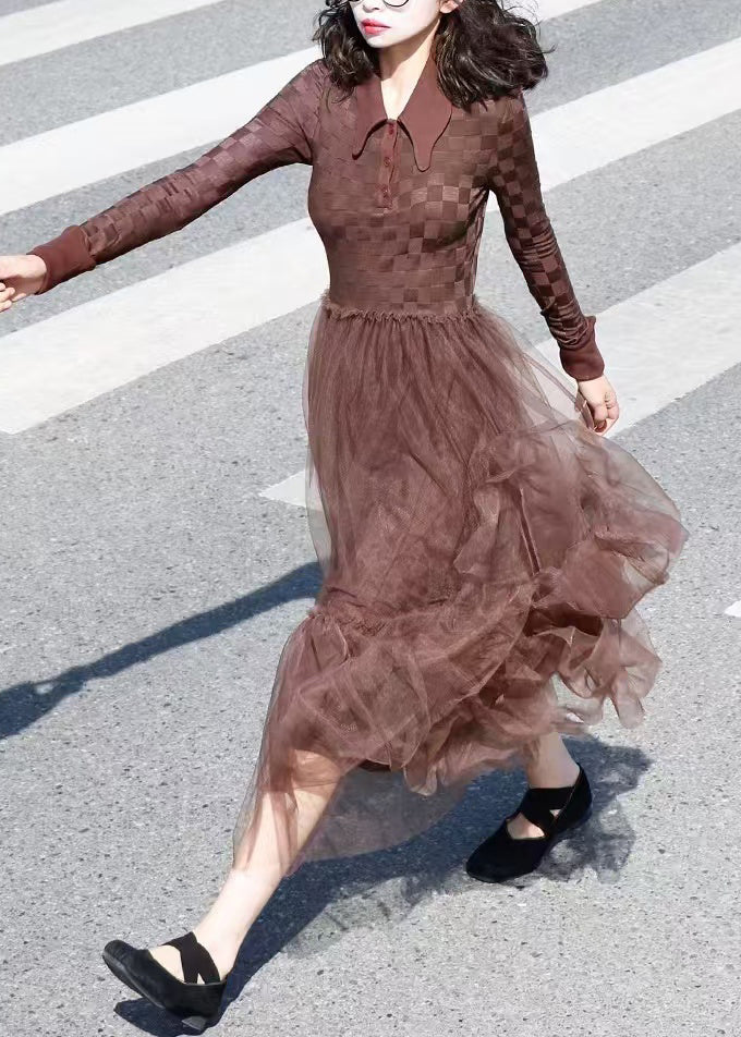 Robe femme décontractée en dentelle brune avec col rond - EasyApparels