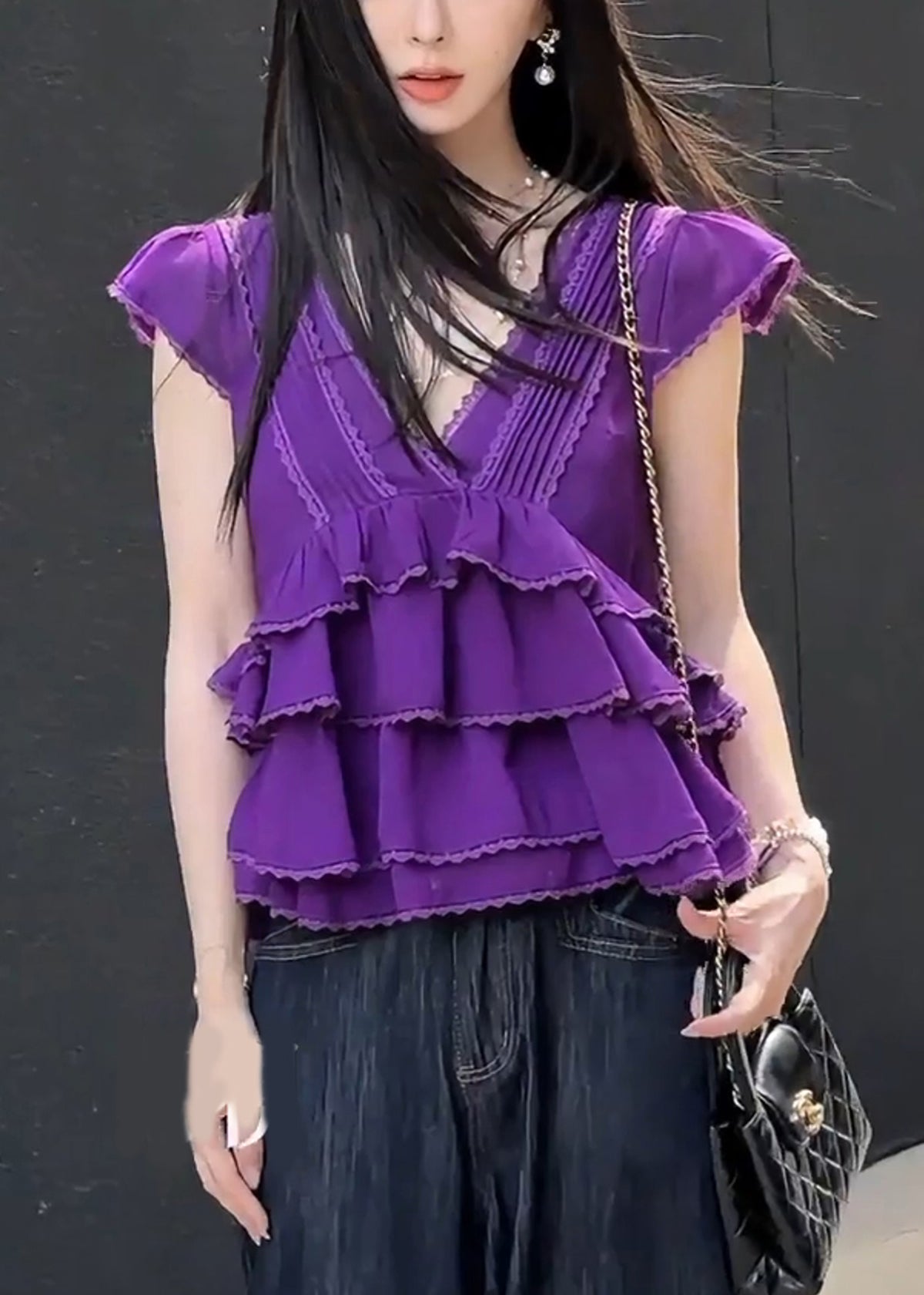 Femme Violet Débardeur Coton Lace Tee Shirt - EasyApparels
