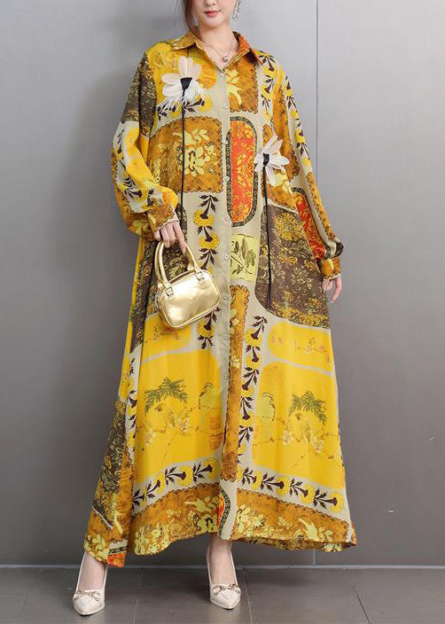 Robe longue jaune volumineuse en soie pour femme automne - EasyApparels