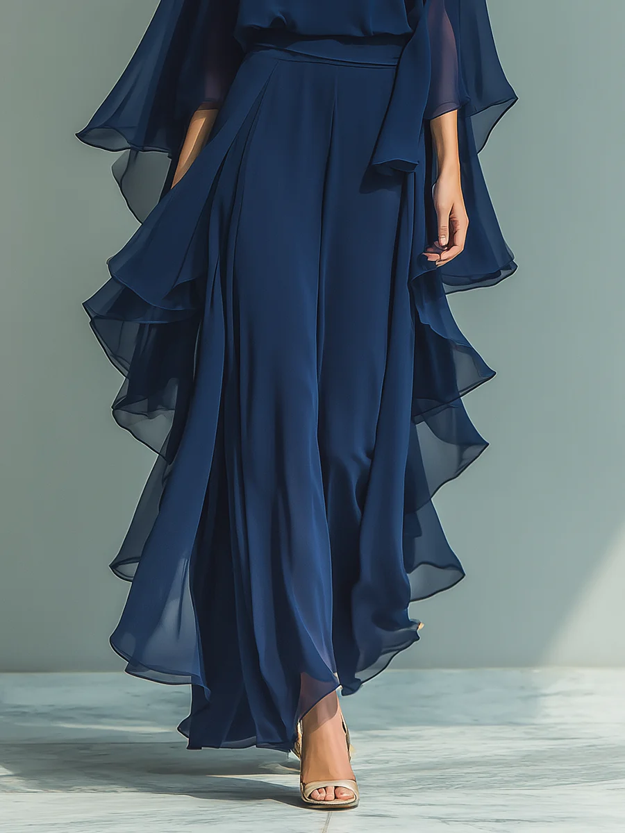 Ensemble Femme Chiffon Fluide Manches Évasées Volants Élégante