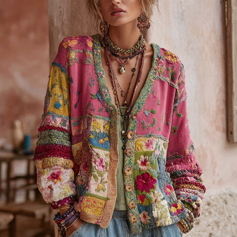 Cardigan Femme Patchwork Coton Col V Style Bohème - PanierRoyale
