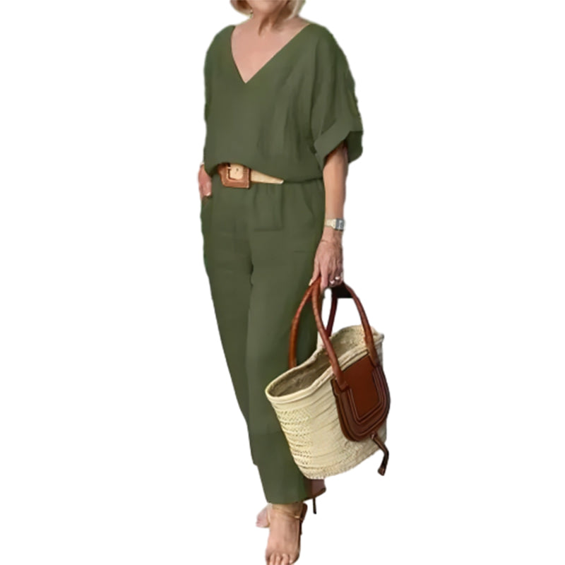 Ensemble Femme Col en V Pantalon Ample Coupe Décontractée