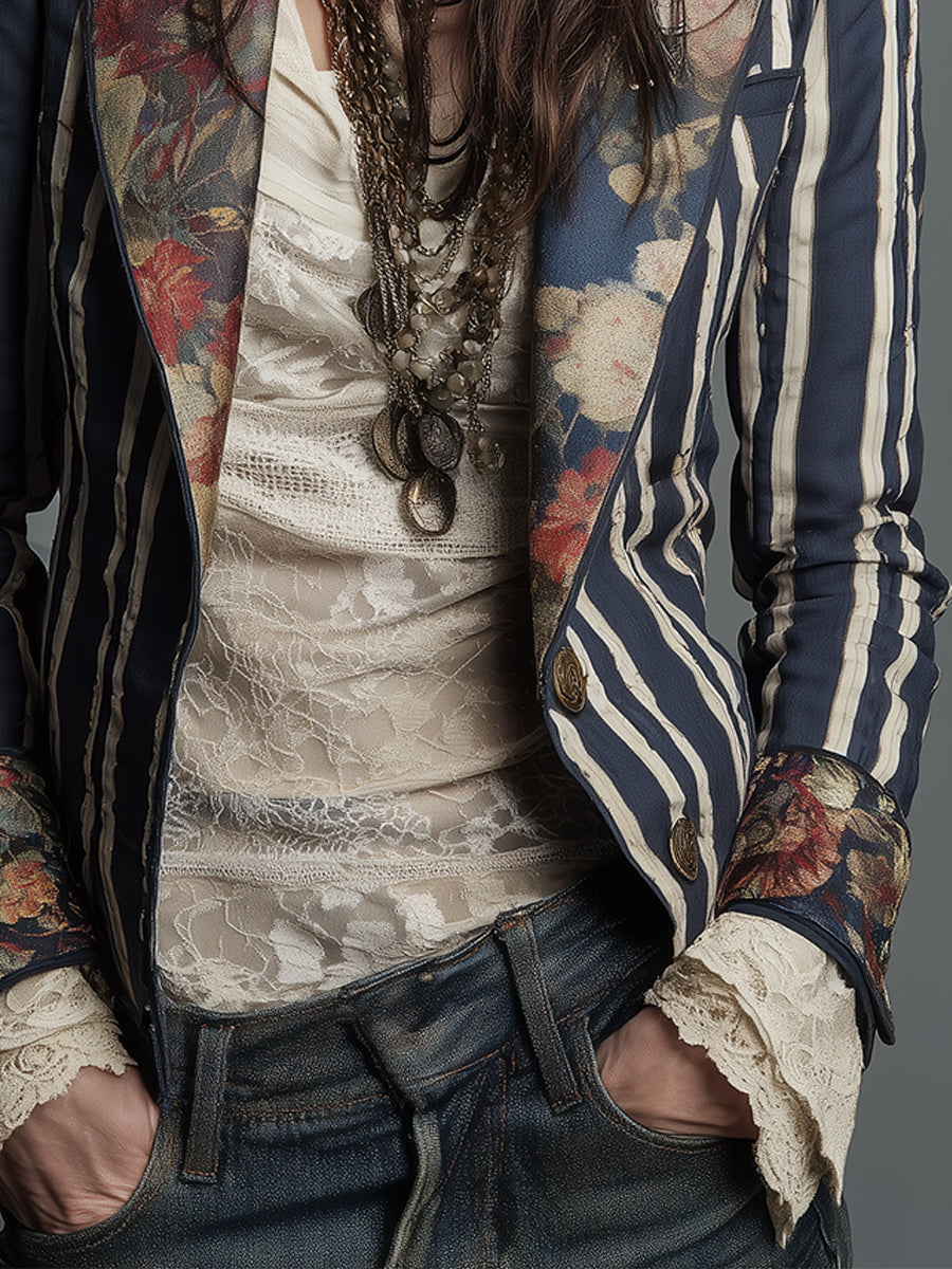Blazer Femme Polyester Imprimé Floral Coupe Bohème