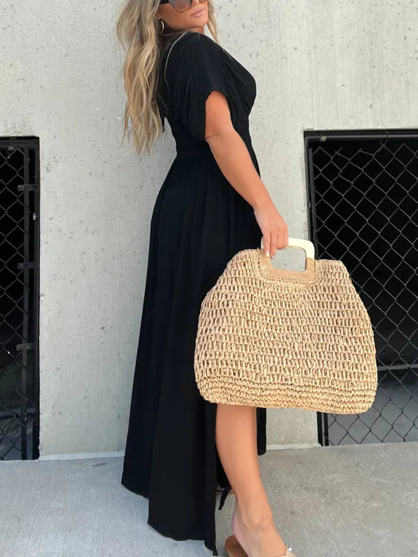 MaxiChic™ – Robe Longue Femme Élégante Col en V Tissu Léger Été-3