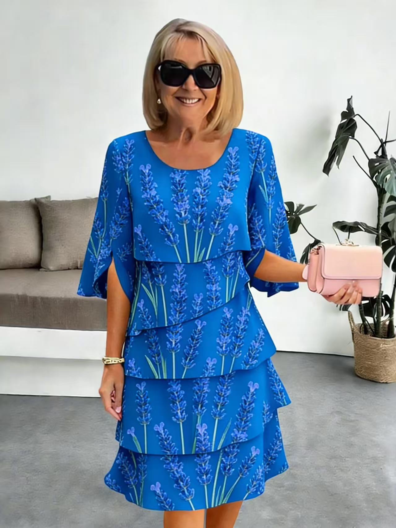 Robe Mi-Longue Femme Tissu Imprimé Volants Superposés Manches Fendues