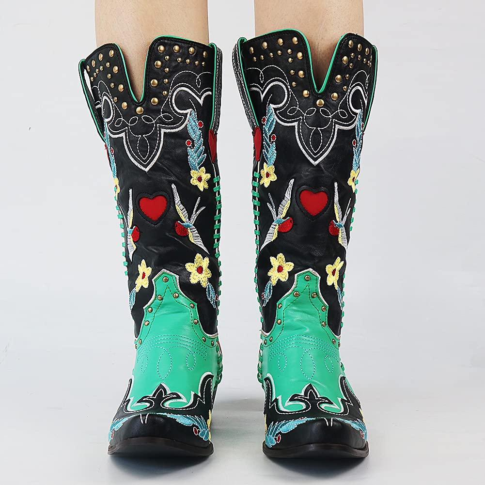 Bottines Cowboy Femmes Brodées Fleurs Élégantes