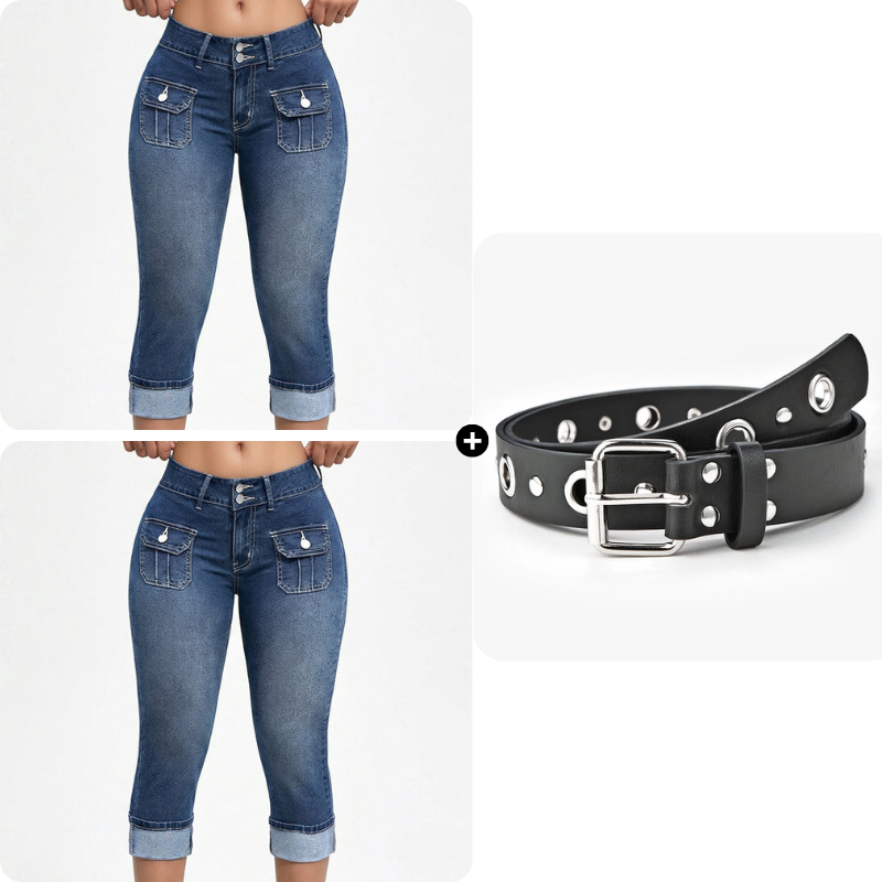Pantalon Capri Femme Denim Stretch Coupe Ajustée Taille Mi-Haute