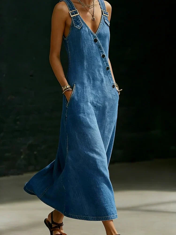 Robe longue Femme en Denim Boutons Asymétriques Bretelles Boucle