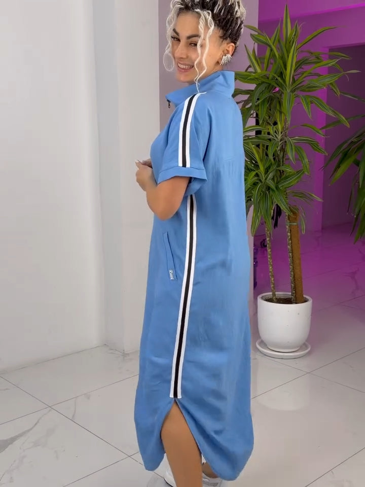 Robe Longue Femme Zippée Col Montant Coupe Fluide Sport Chic