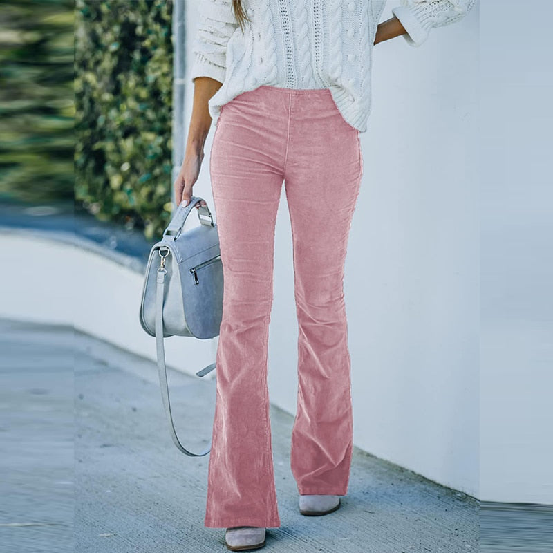 Pantalon Femme Évasé Confort Taille Haute en Velours