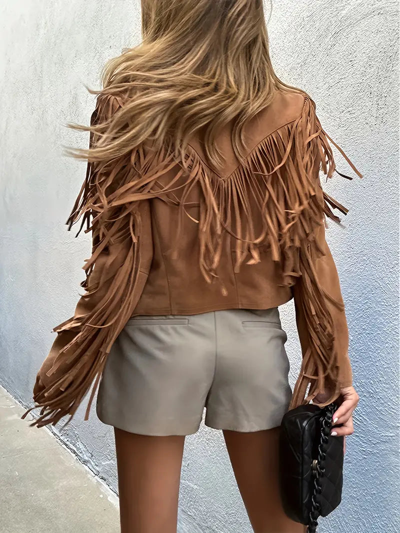 Veste femme cuir synthétique frangée tendance bohème