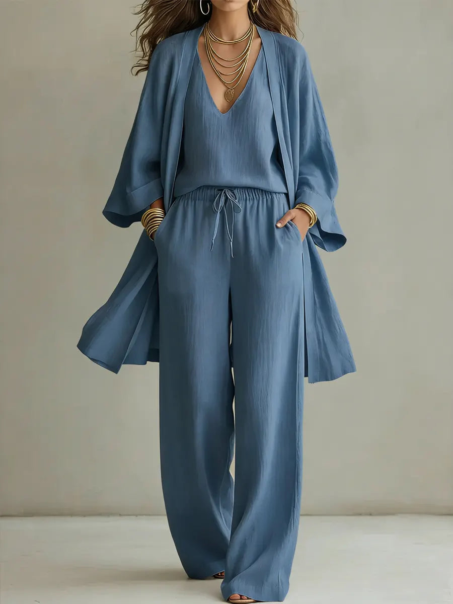 Ensemble Trois Pièces Femme Coton Lin Coupe Minimaliste