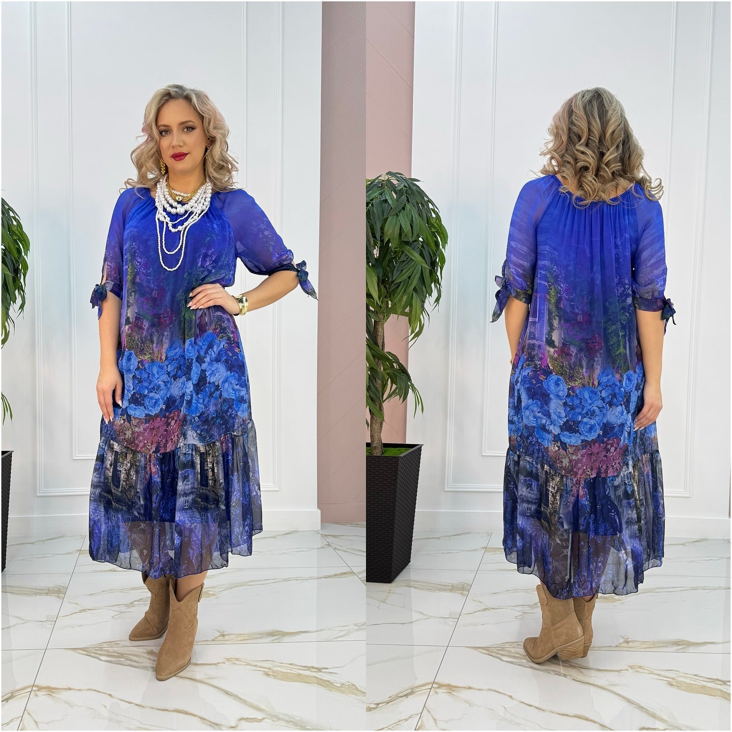 Robe longue Femme Fluide Imprimé Floral Manches Mi-longues