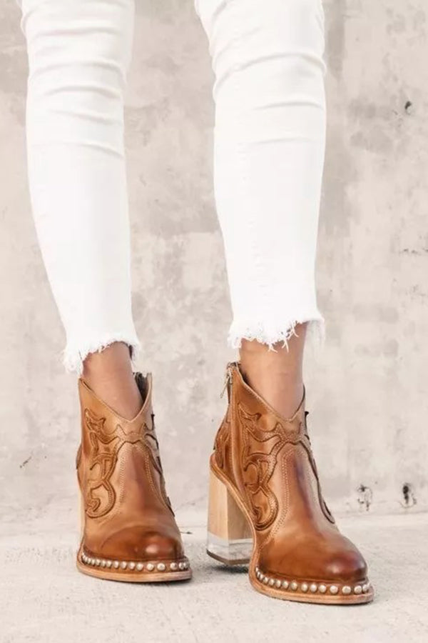 Bottines Western Nude à Talons Bloc et Noyer