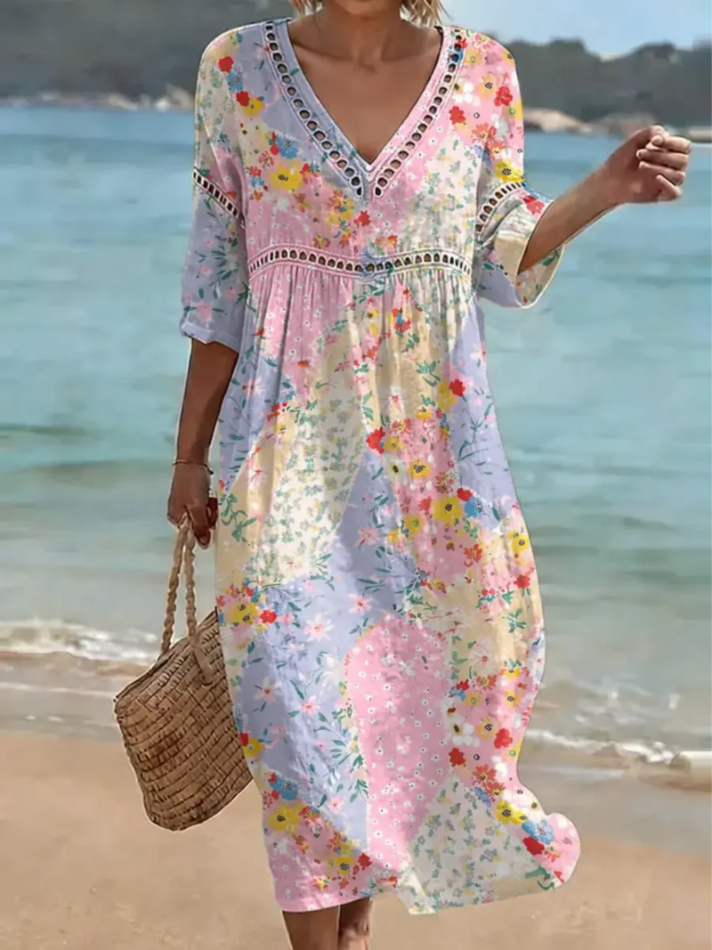 Robe Longue Femme Fluide Patchwork Floral Col V Manches Courtes - PanierRoyale