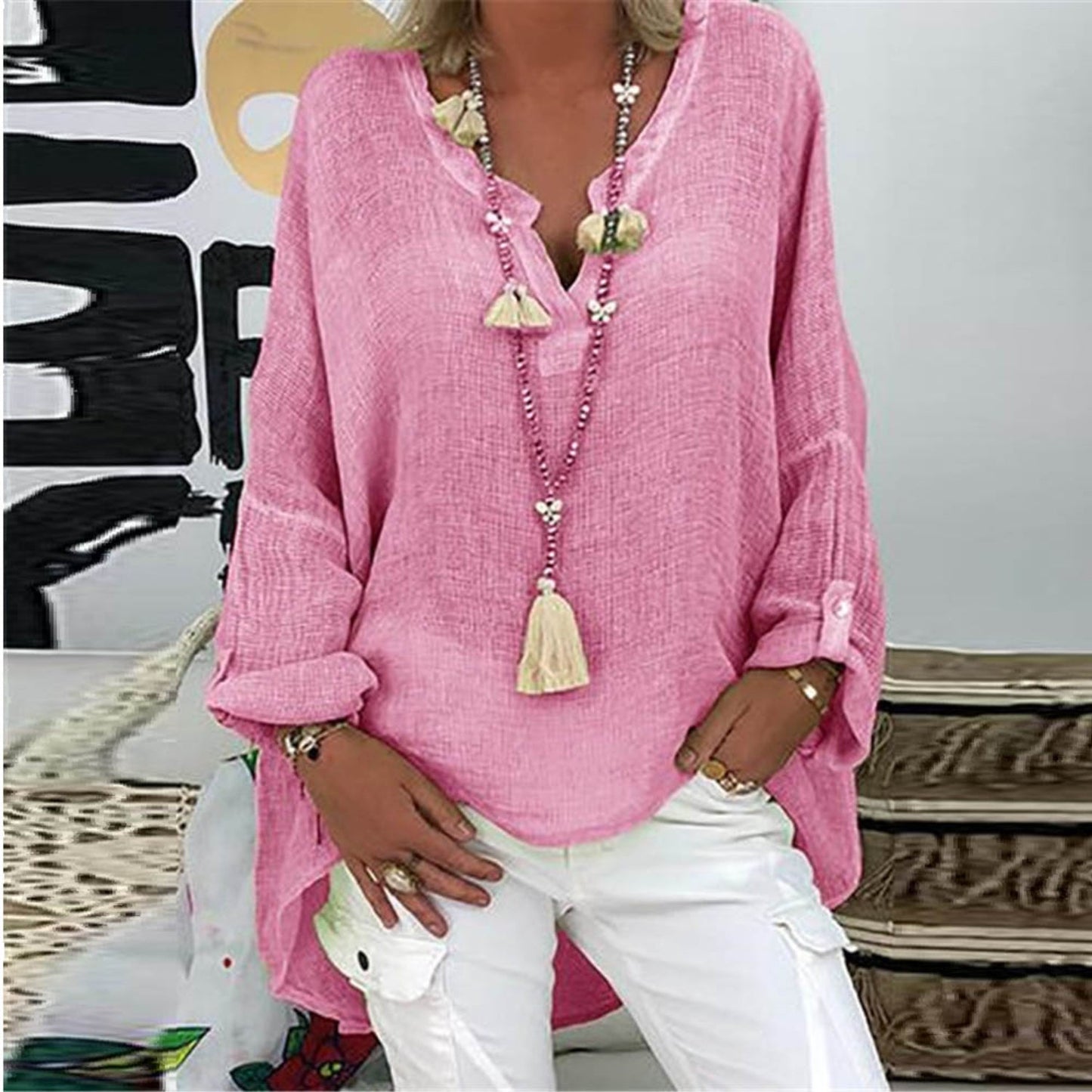 Blouse Femme Été Manches Longues Col en V Décontractée