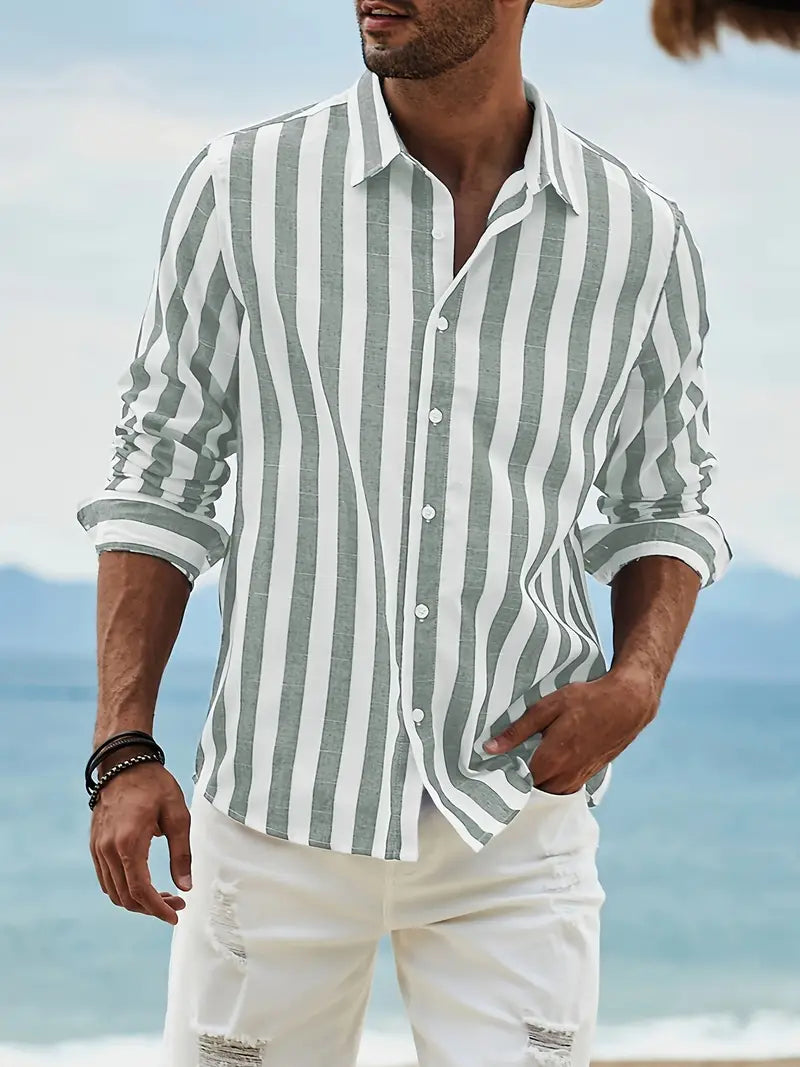 Chemise Coton Rayée à Manches Longues Homme