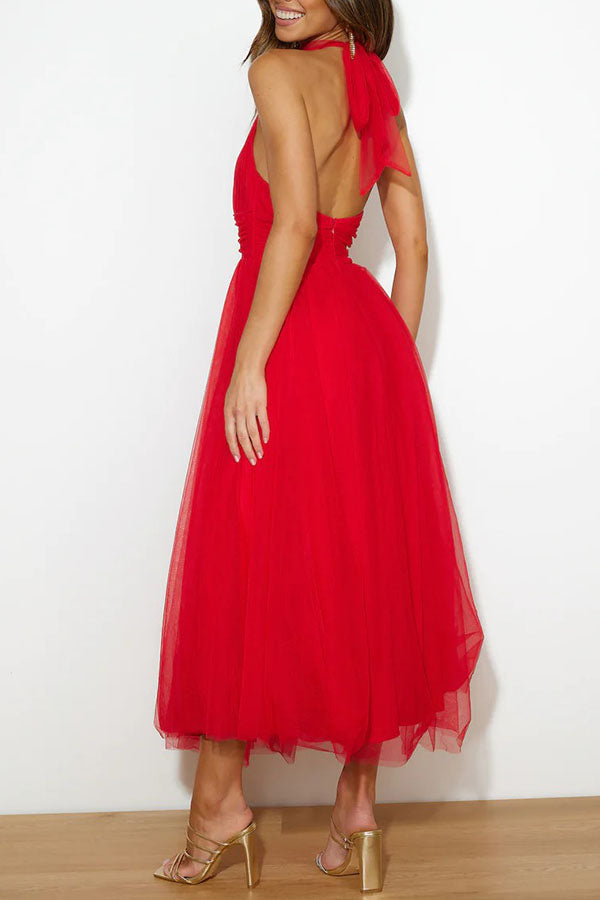 Robe de Soirée Élégante en Tulle avec Col Haut et Jupon
