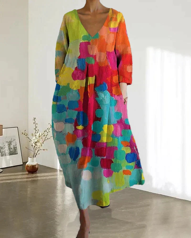 Robe Femme Imprimé Abstrait Coupe Droite Manches Longues