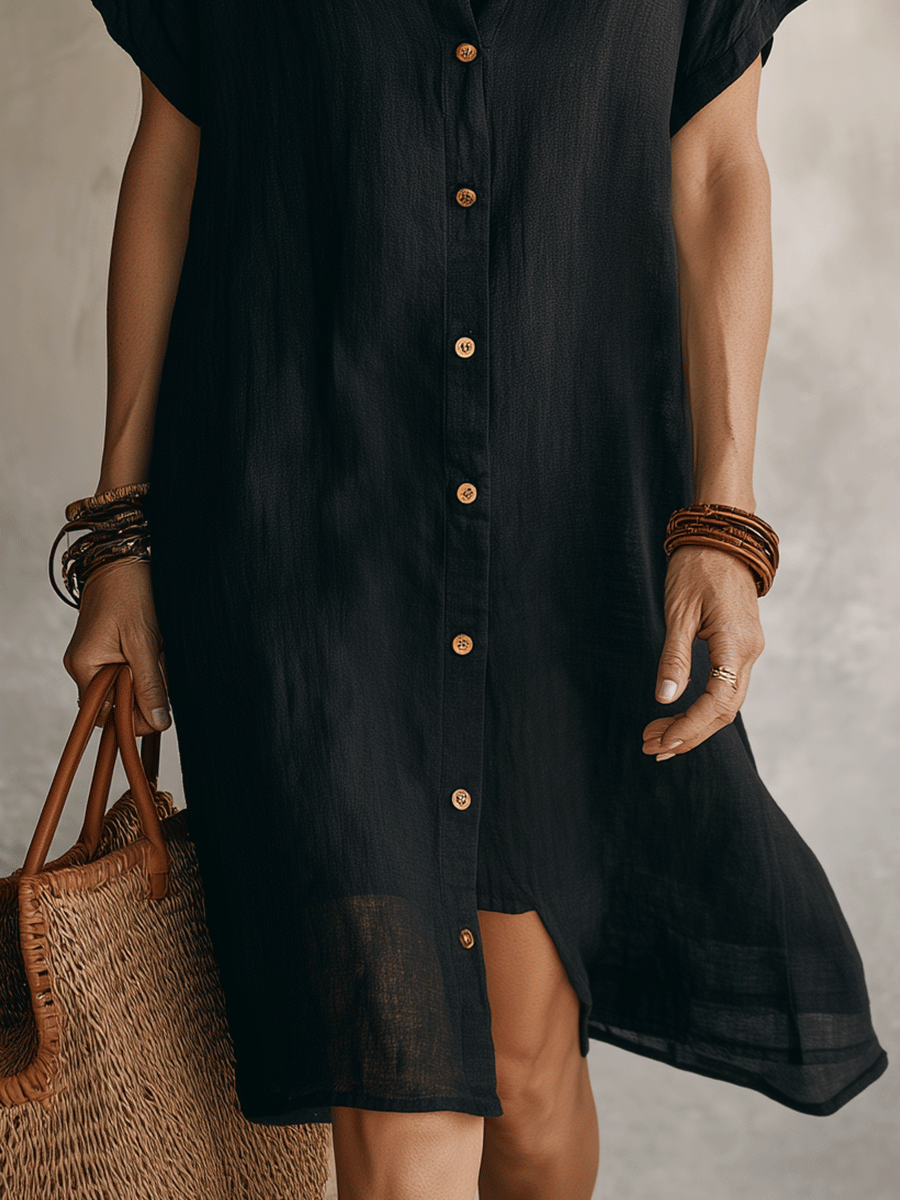 Robe Chemise Femme Lin Coton Boutonnée Coupe Midi