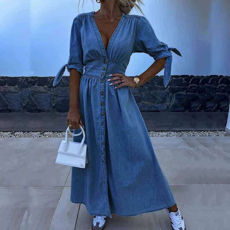 Robe Jean Longue Boutonnée Féminine en Denim - PanierRoyale