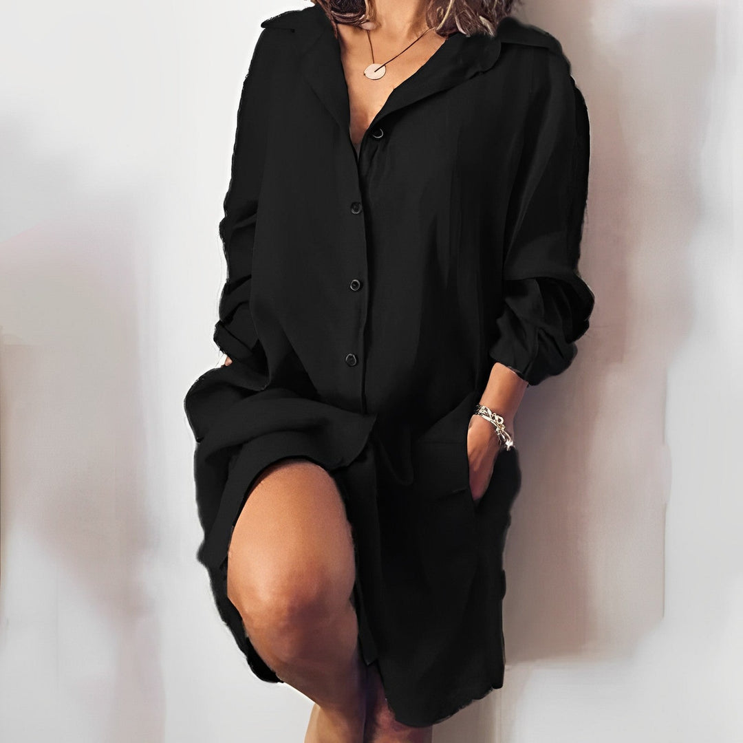 Robe Chemisier Féminine à Manches Longues et Poches Décontractée