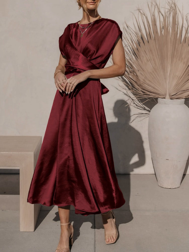 CléMence™ – Robe Femme en Satin Élégante avec Ceinture Croisée Chic-5